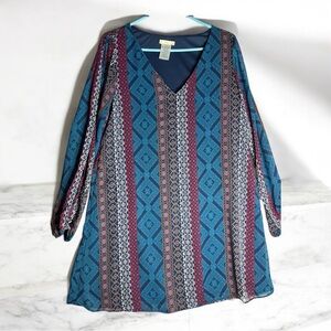 InTu  Bohemian Patterned V-Neck Dress Mod long sleeve Size L Must have